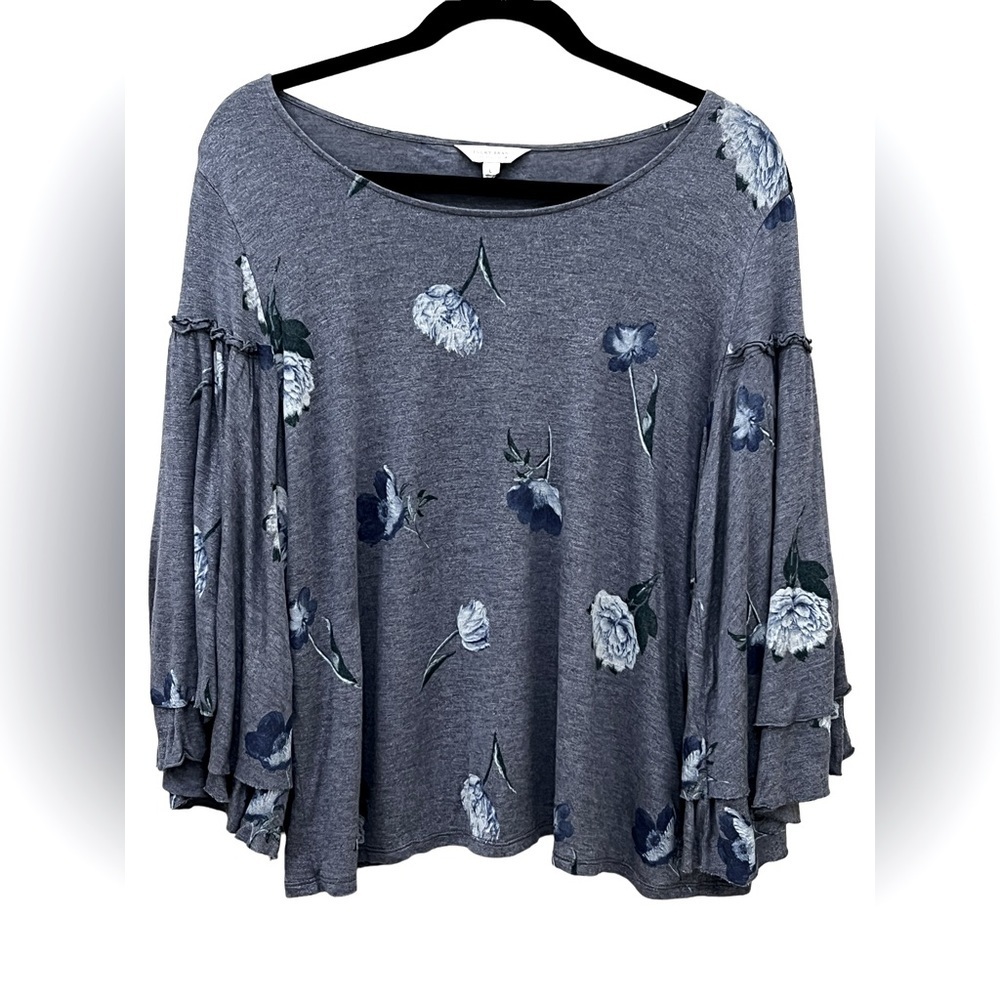 Lucky BRAND Blue Duquet Floral Ruffle Top Bell Sleeve Metallic Size Large